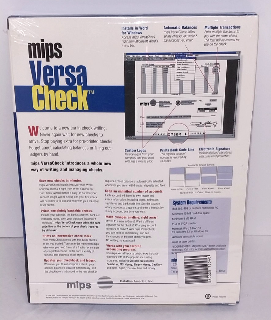 MIPS Versa Check 1996 Check Printing Software, 3.5″ Disk, Windows 95+ Compatible