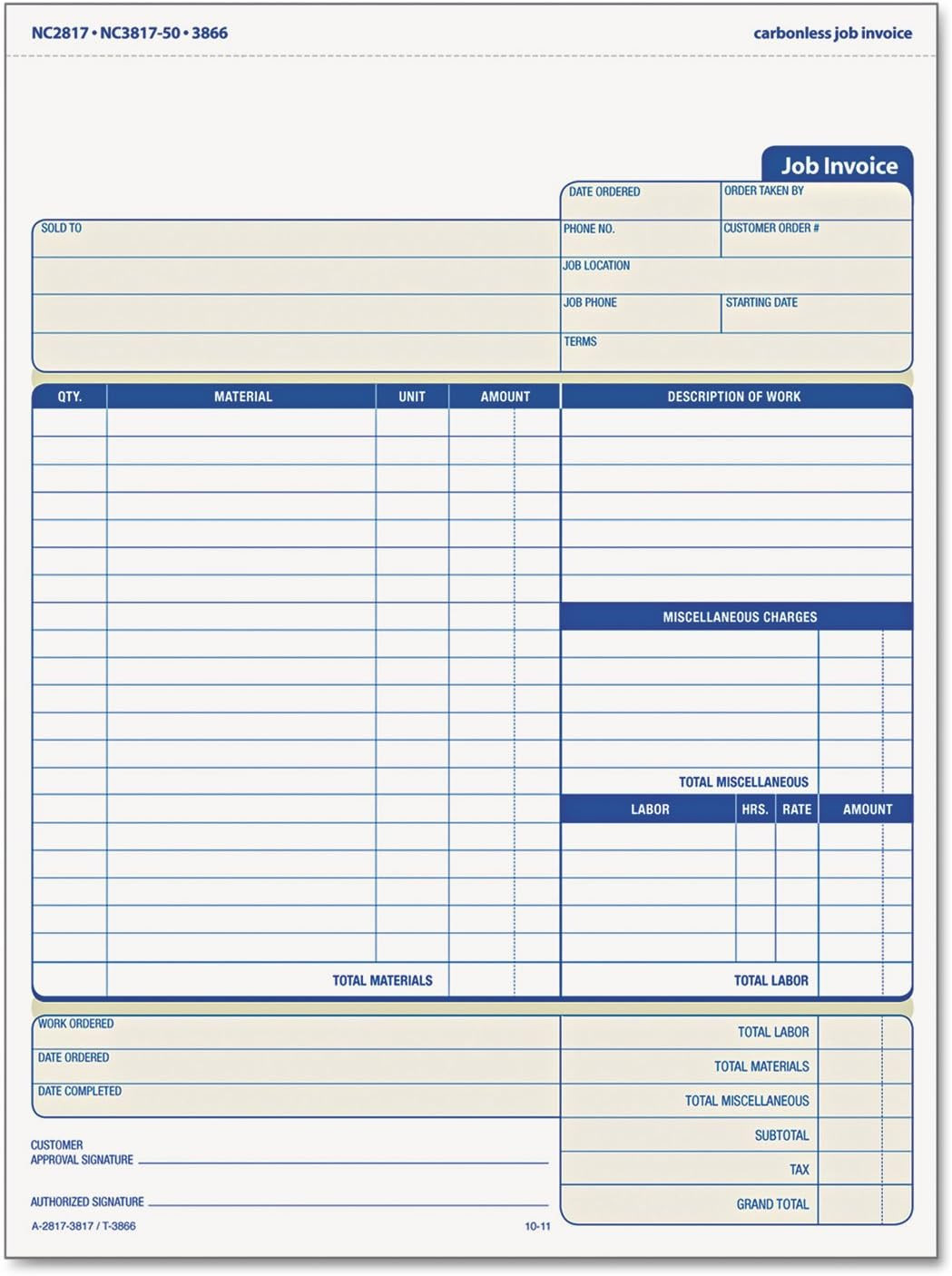 Job Invoice with Materials List, 3-Part, Carbonless, 8.5 X 11 Inches, 50 Sets pe