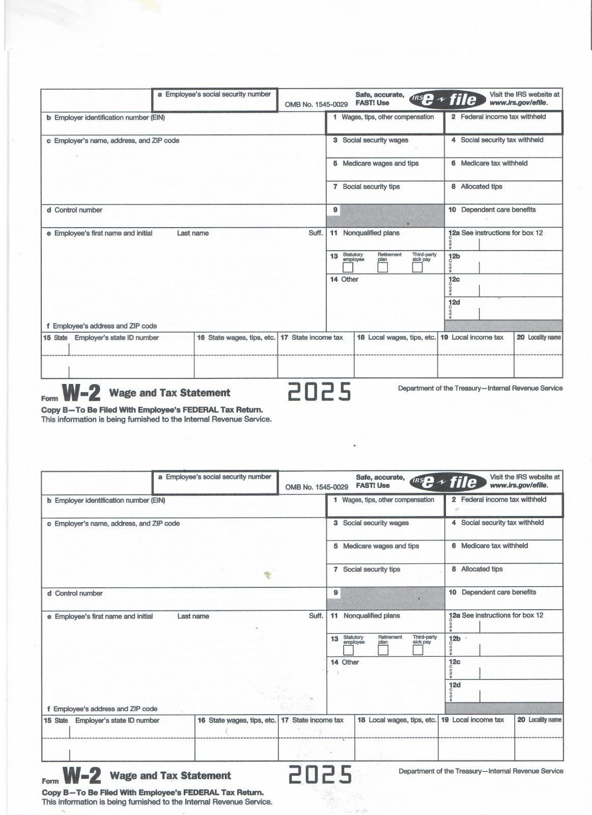 2025 W2 -5 Forms for 2 employees per Form of Wage and Tax Statement