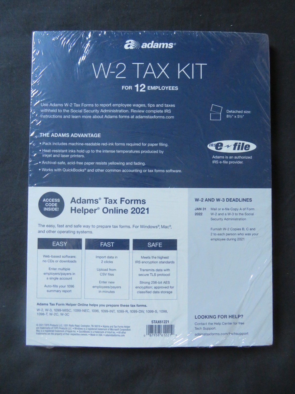 2021 Adams W-2 Tax Kit 12 6-Part Sets, 3 W-3 Summary Forms, 12 Envelopes