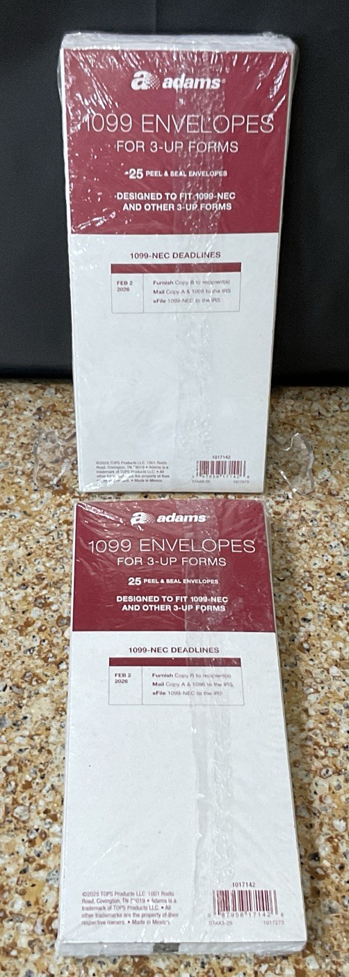 Adams 1099 Envelopes For 3-Up Forms Double Window Peel & Seal 2 Pkgs/50 Total