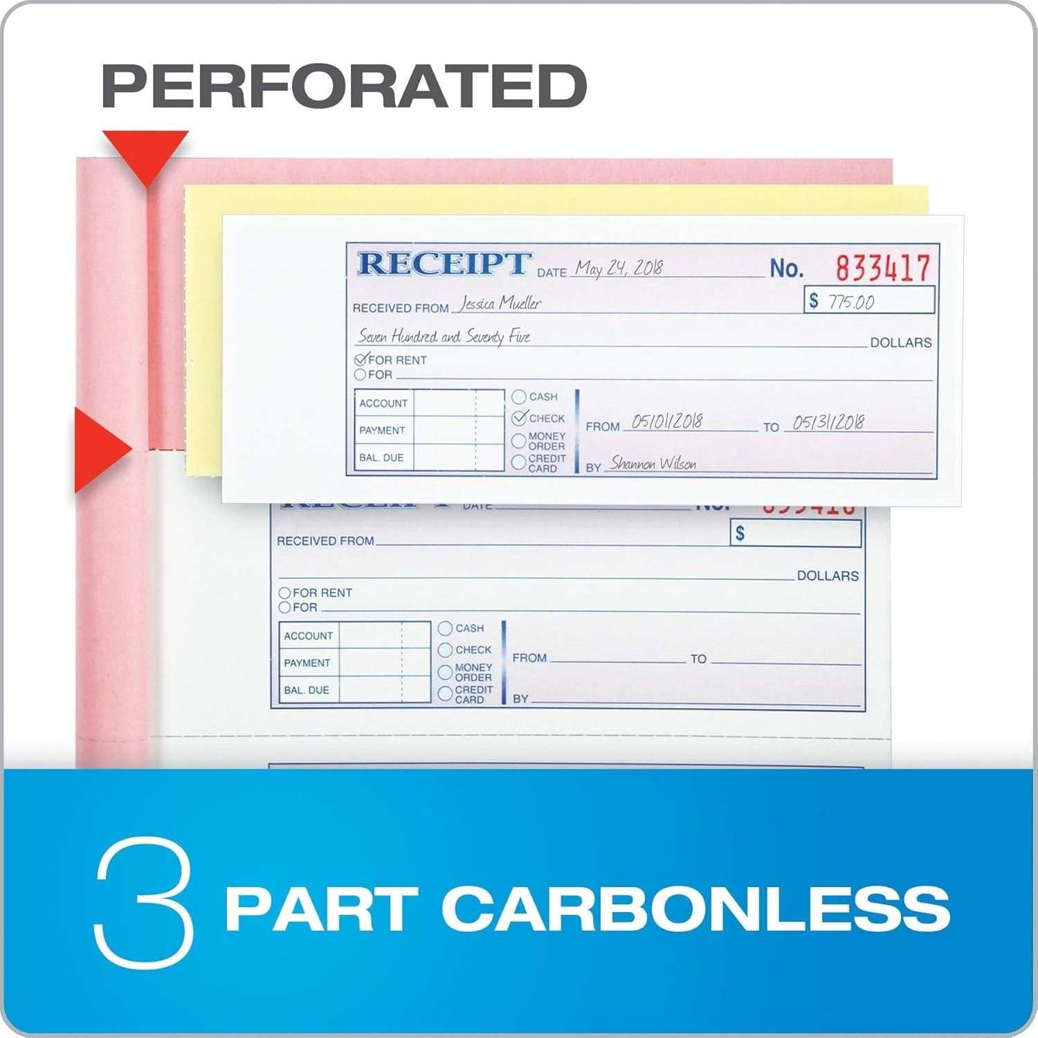 Efficient Money and Rent Receipt Book, Carbonless, Personalization Space, 7-5/8″
