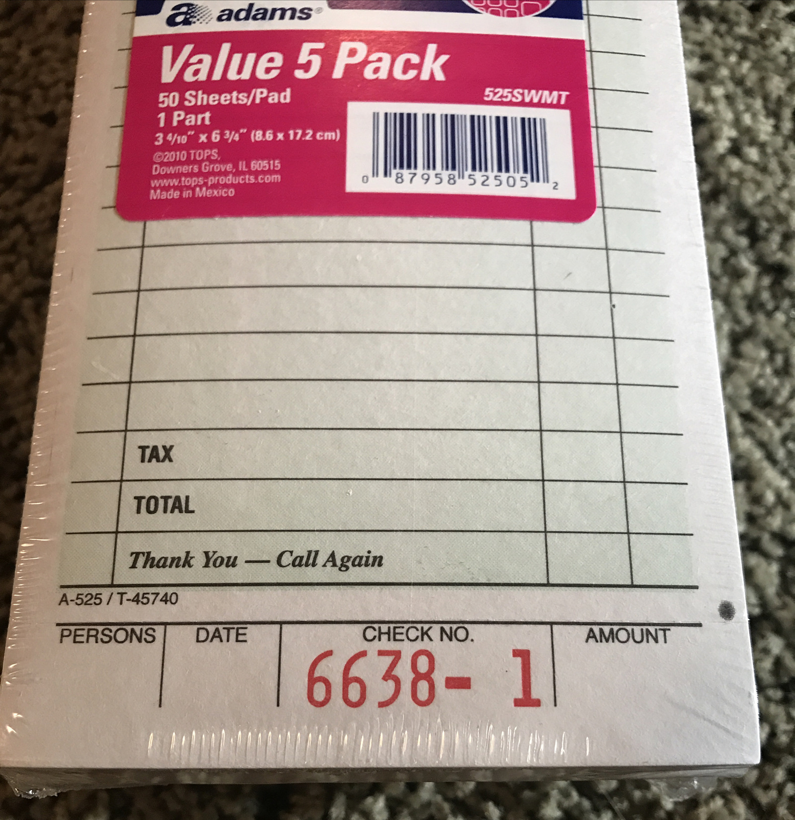 Adams Guest Check Pads, 5 Pack, Perforated, White, 3-2/5″ X 6-3/4″, 525SWMT