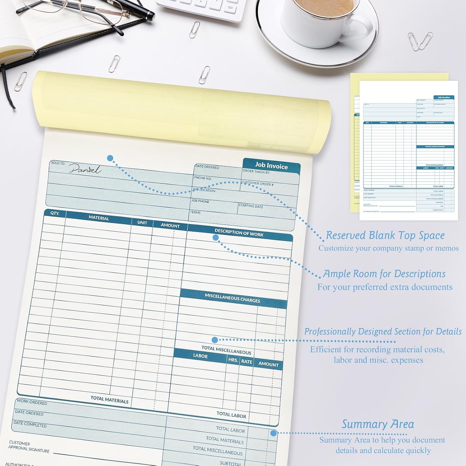 Large Job Work Order Forms with Carbonless Copies 50 Sheets Job Invoice