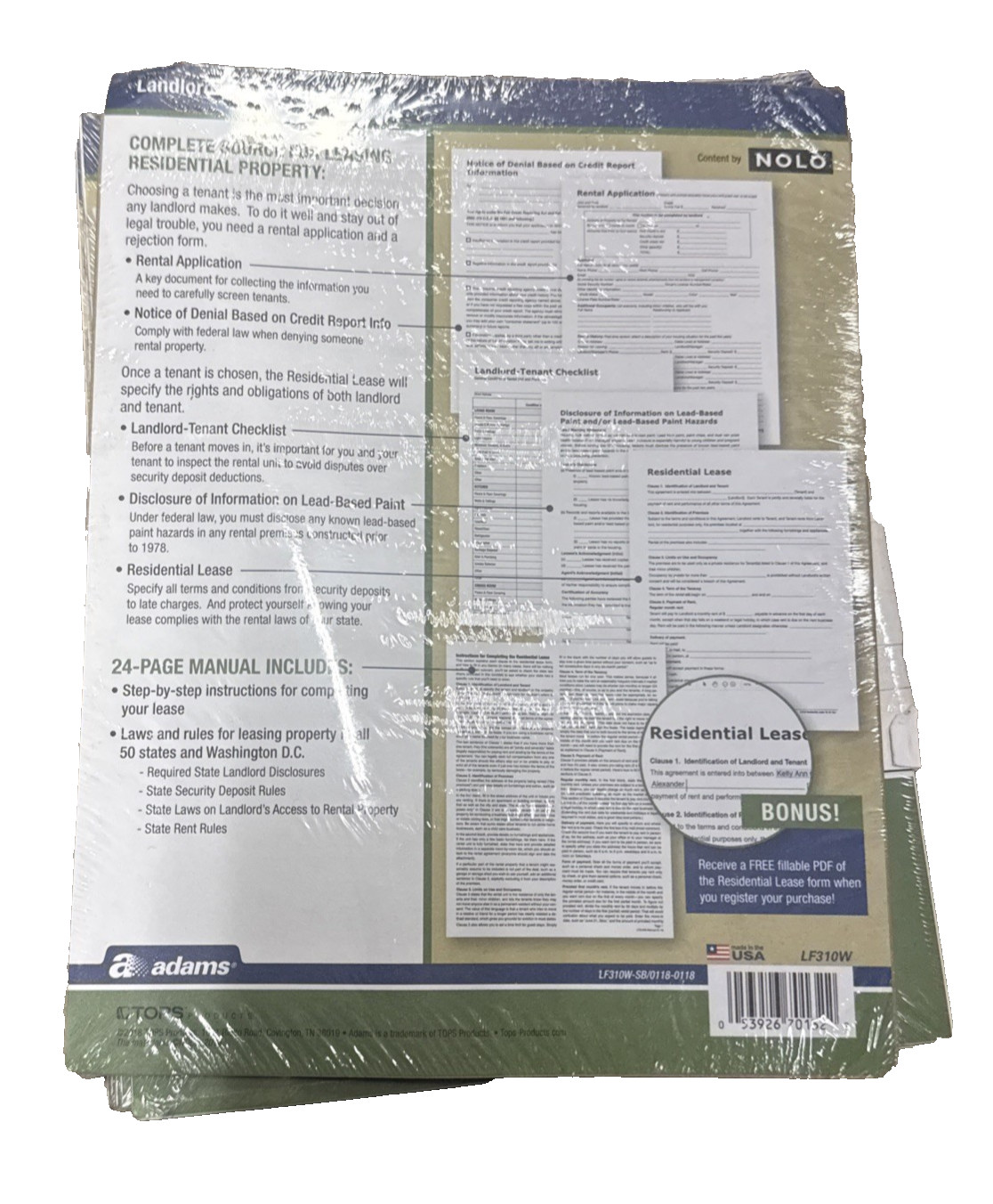 ADAMS RESIDENTIAL LANDLORD’S LEASE KIT – Set of 6 New/Sealed