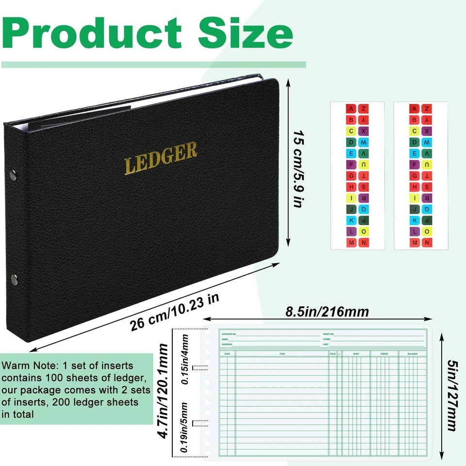 Ledger Binder with 200 Pages & Small Index Tabs for Bookkeeping Black Cover
