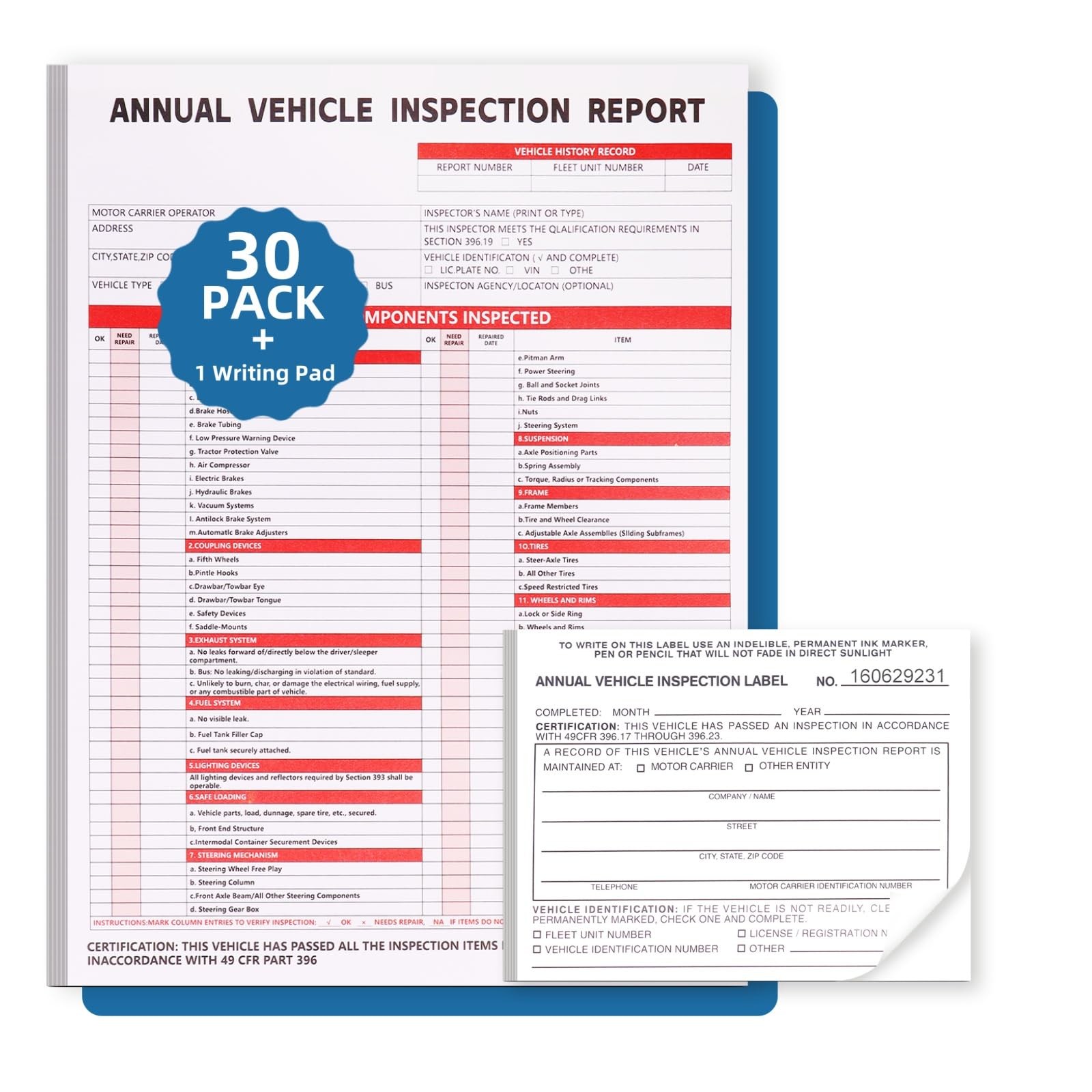 30-Pack Annual Vehicle Inspection Report Form, 3-Ply Carbonless Form and Hard…