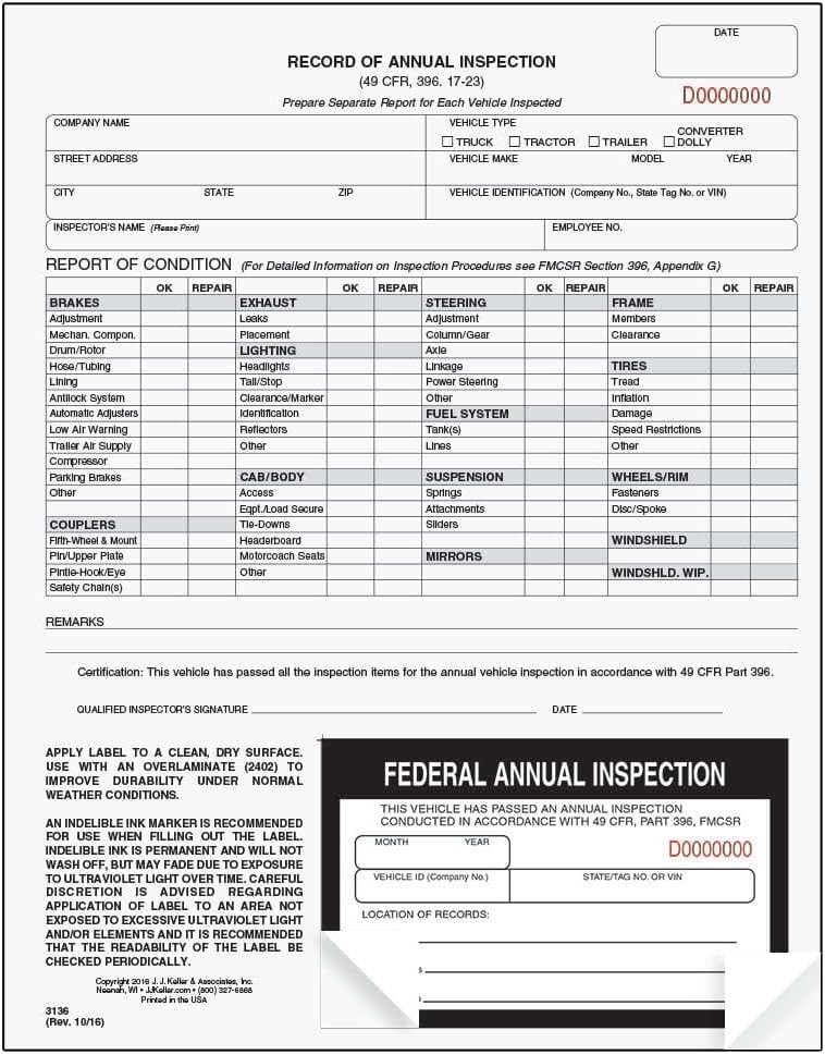 J. J. Keller 50-Pack Inspection Forms – 2-Ply Carbonless, Fade Resistant Labels