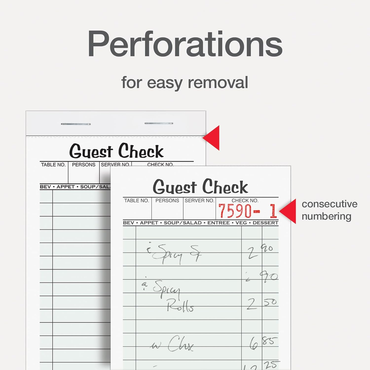 Guest Check Pads, Single Part, Perforated, White, 3-2/5″ X 6-3/4 “, 50 Sheets/Pa