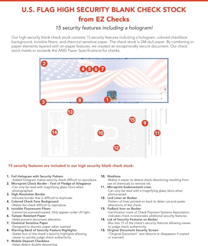 EZ Checks Premium Blank Hologram High Security Laser Check US Flag