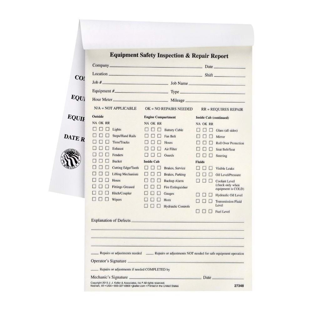 J. J. Keller Equipment Safety Inspection Report 10-pk.. 2-Ply, Carbonless, 5.5″