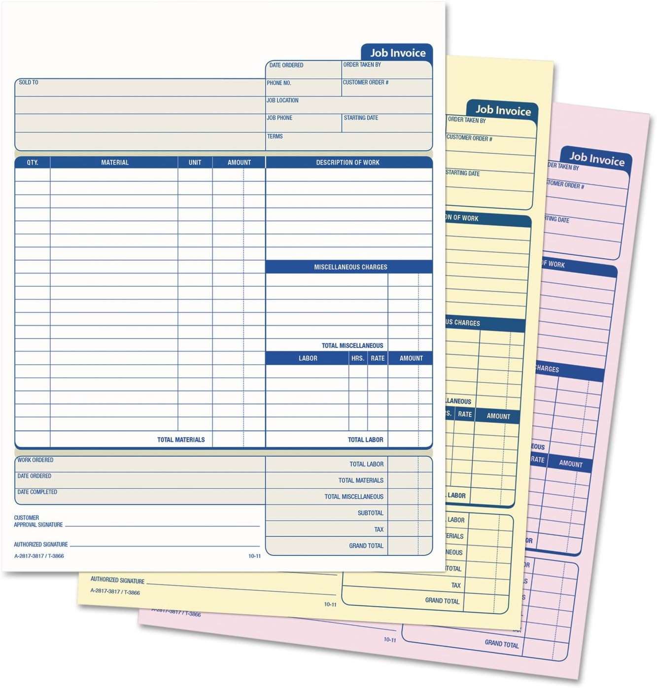 Job Invoice with Materials List, 3-Part, Carbonless, 8.5 X 11 Inches, 50 Sets pe