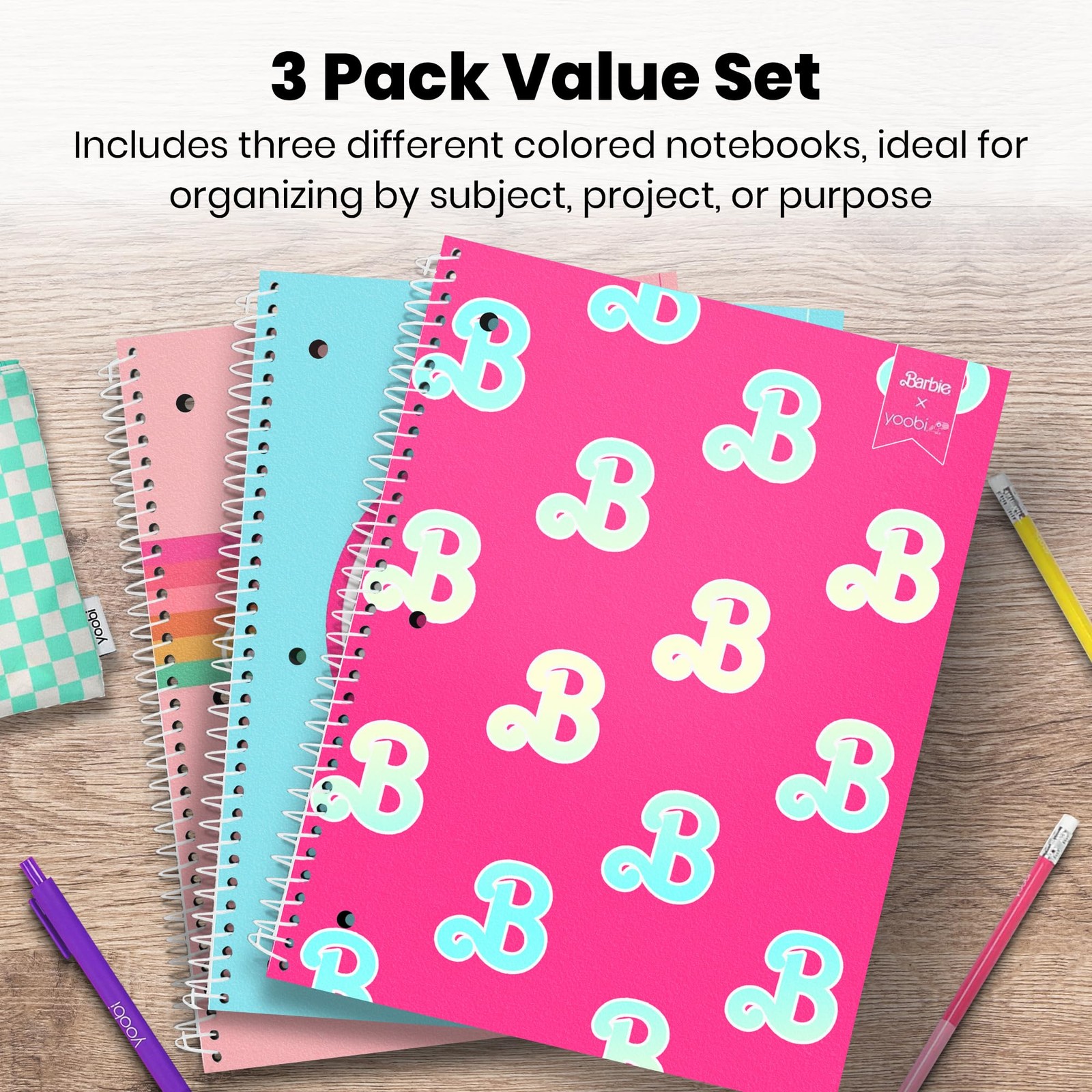 Barbie X College Ruled Spiral Notebook Set – 3-Pack of 1 Subject Notebooks, P…