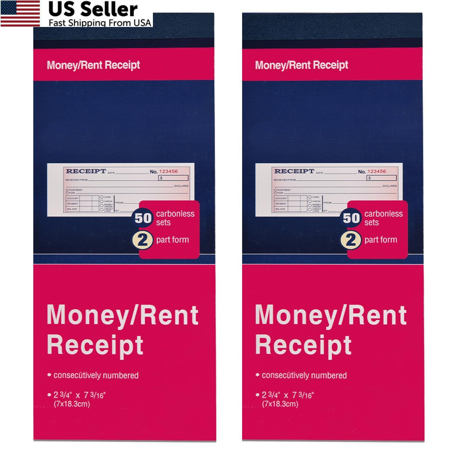 Receipt Book Money Rent 2 Part Carbonless Small Business 2 Pack 50 Sets New USA