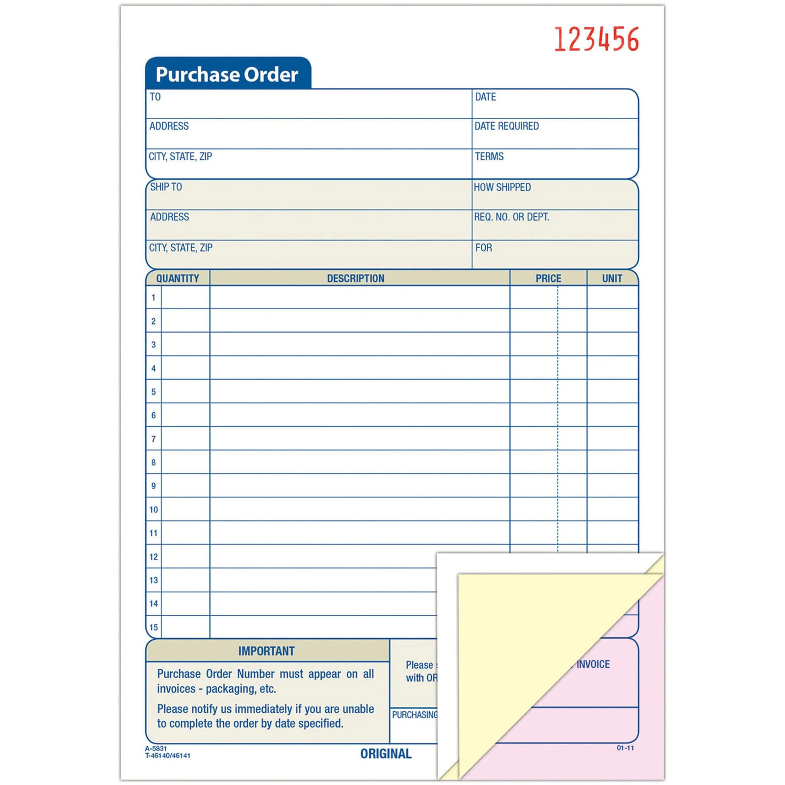 Adams 3-Part Carbonless 5 9/16″ x 8 7/16″ Purchase Order Book, 50 Set Pad