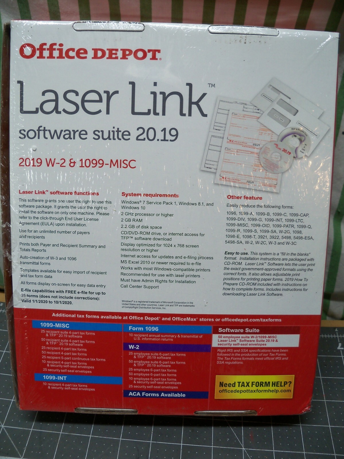 Office Depot Laser Link Software Suite W-2 + 1099-Misc 50 Employees 2019 USA W2