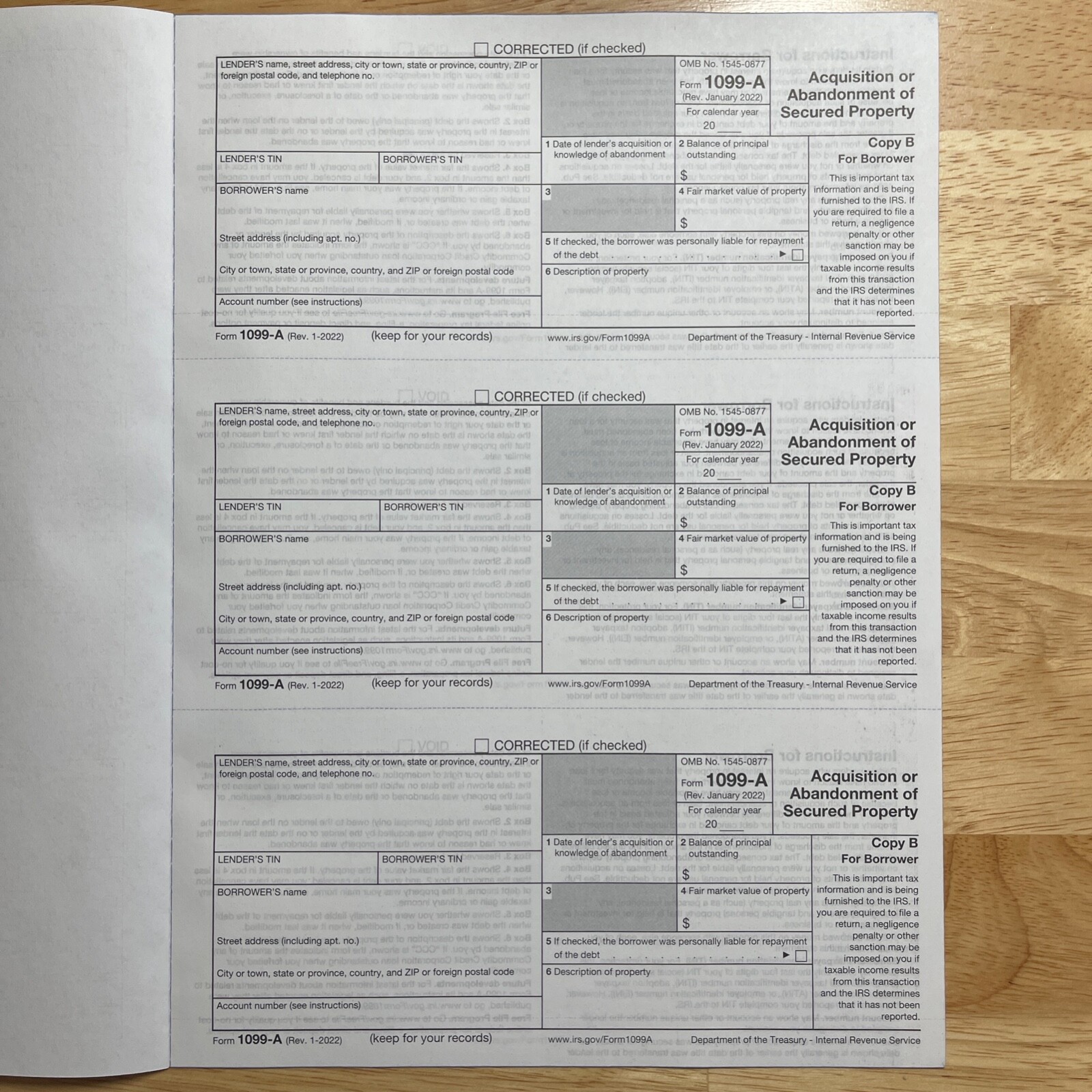 1099A 2022 IRS Form – Carbonless & Scannable – SAME DAY FREE & FAST SHIPPING!