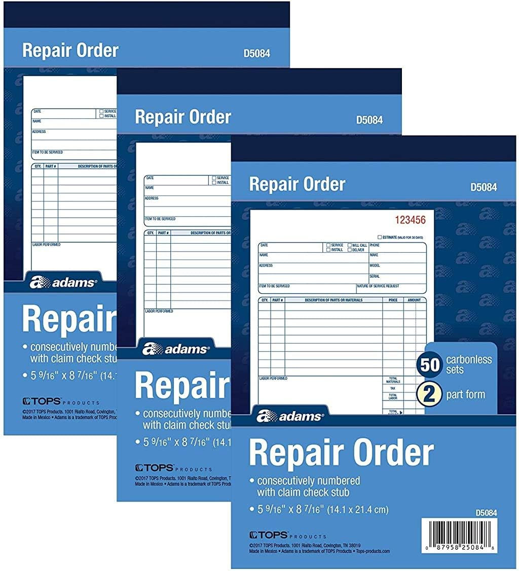 Adams Repair Order Book, Carbonless, 2-Part, White/White, 5-9/16 X 8-7/16 Inches