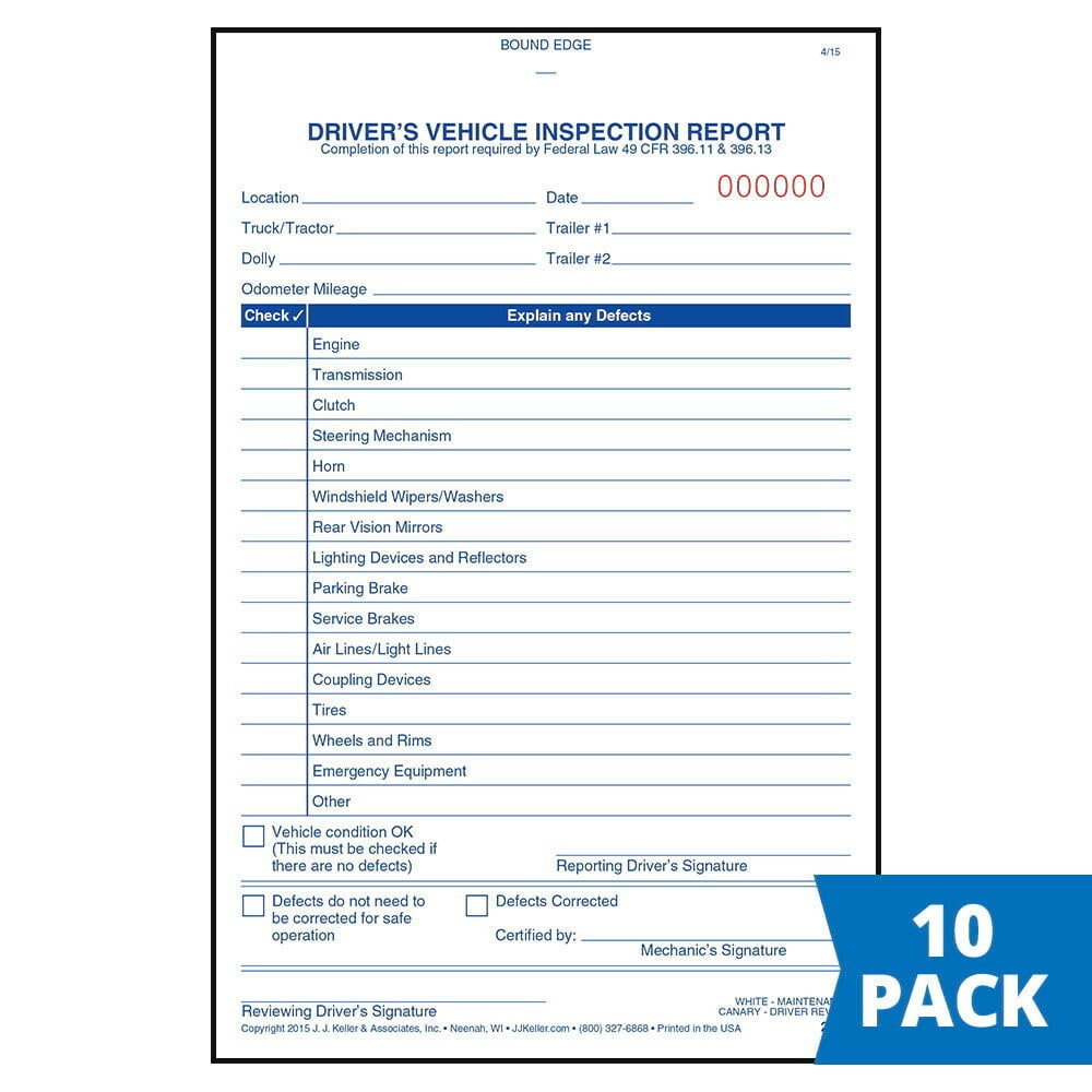 J. J. Keller Simplified DVIR Book 10-pk., 2-Ply Carbonless, 5.5″ x 8.13″