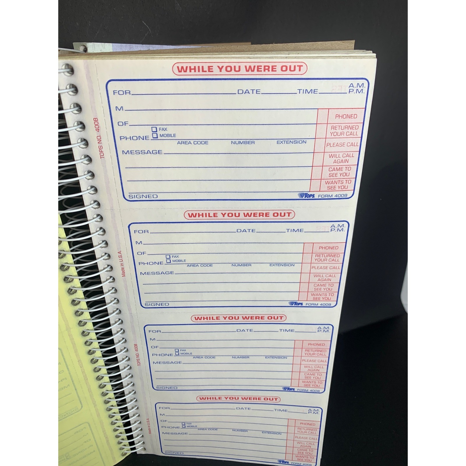 Vintage 2 TOPS 4008 Phone Message Book 600 Duplicate Sets Carbonless Spiral 90s