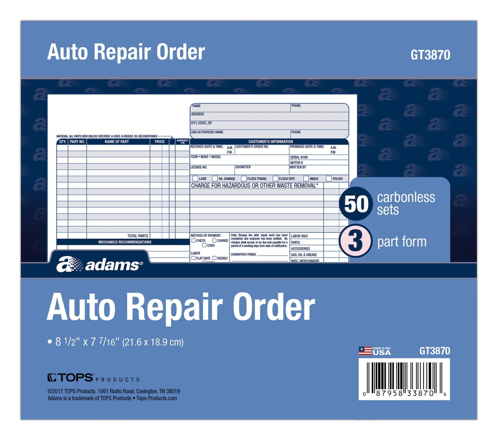 Auto Repair Order Forms, 8.5 x 7.44