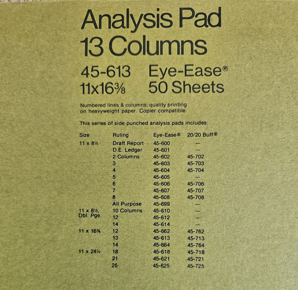 National Brand 45-613 Eye Ease Analysis Pad 13 Columns 35 Sheets 11×16 3/8