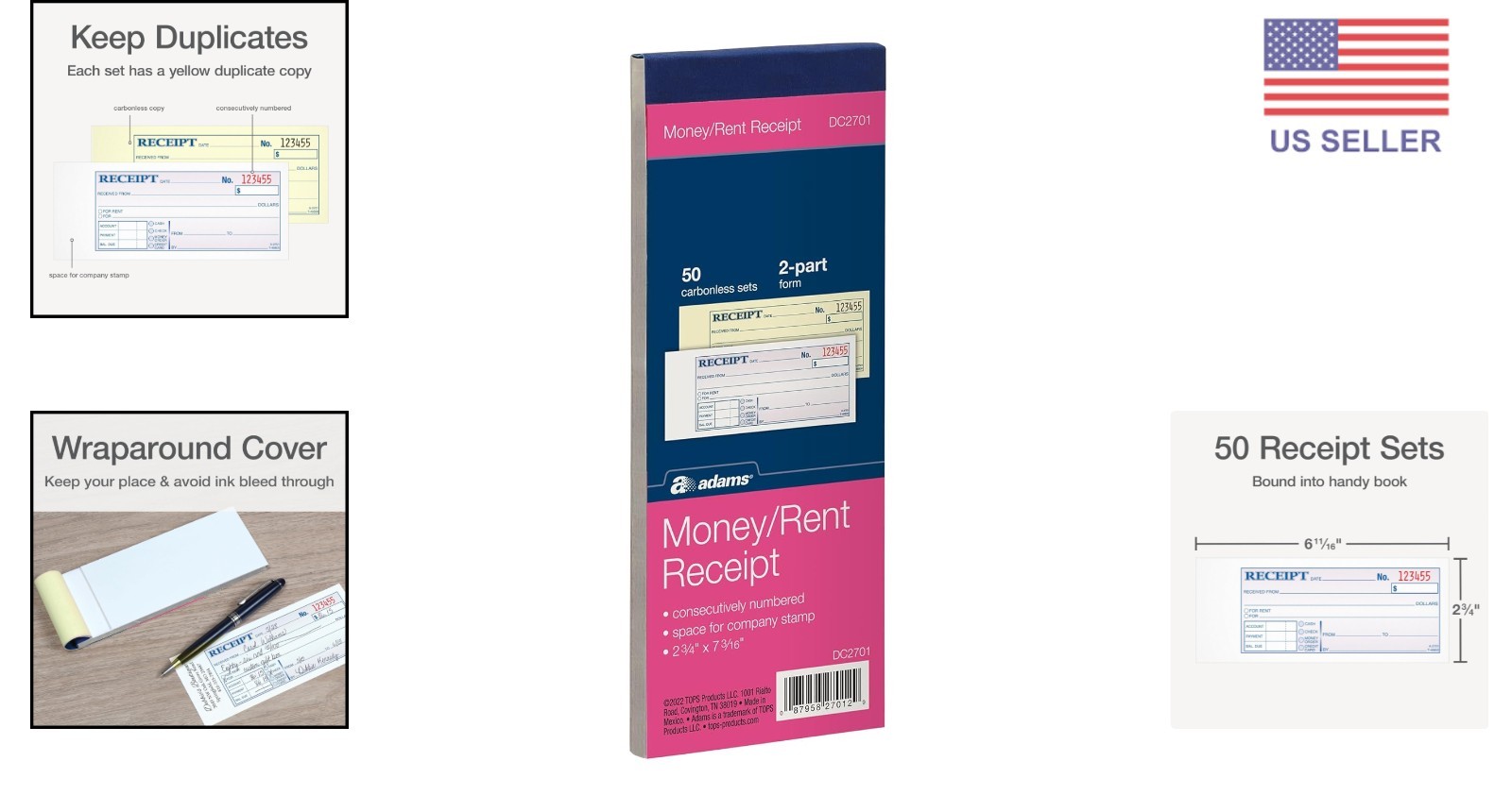 Adams 2-Part Money and Rent Receipt Book – Ideal for Small Businesses, 50 Sets
