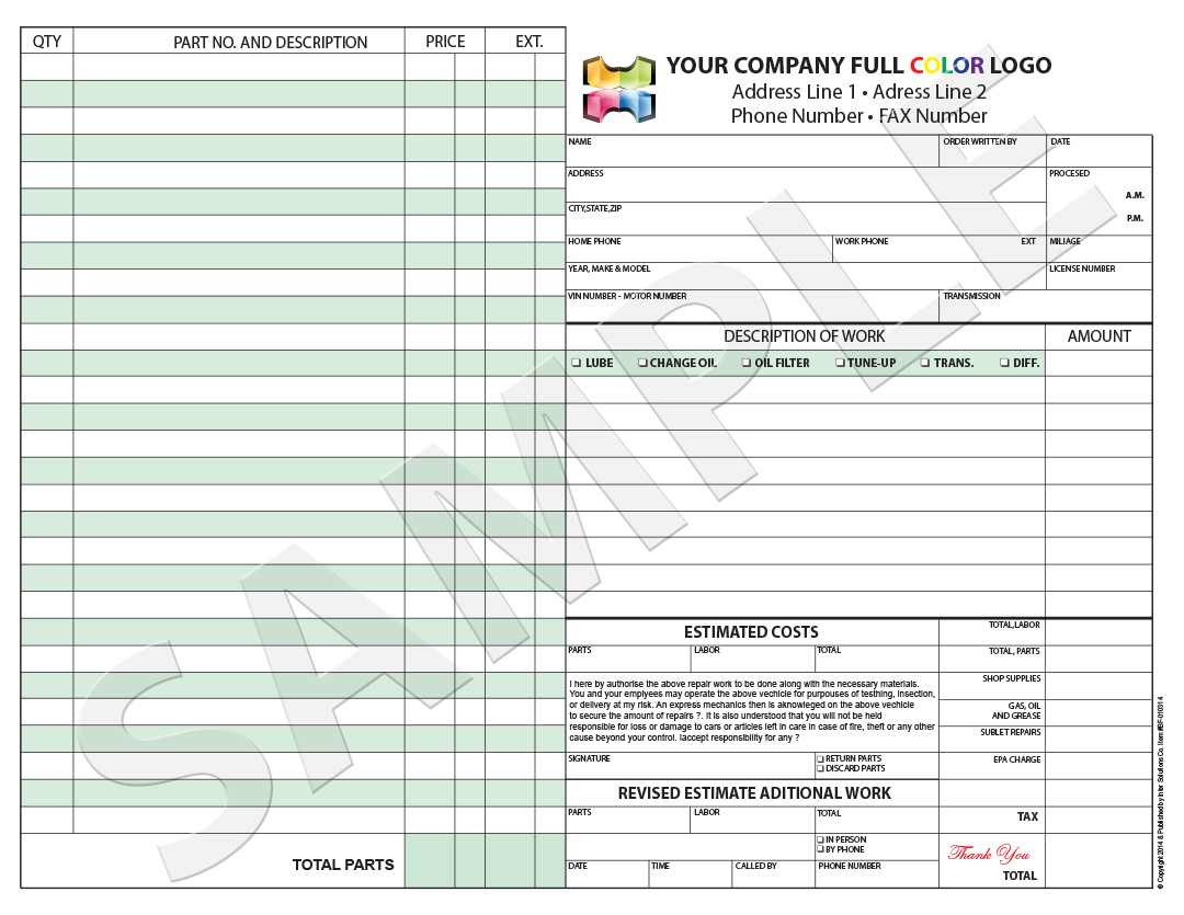 100 3-Part Color Custom Invoice / Receipt / Estimate / Quote / Mechanical Repair
