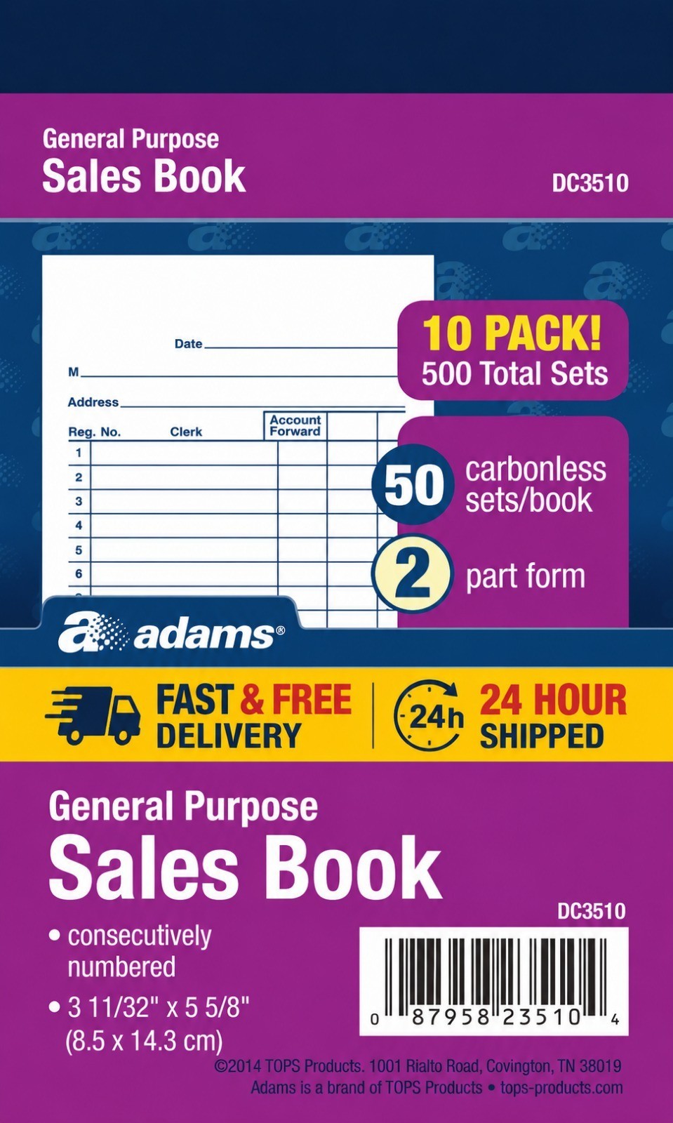 Adams General Purpose Sales Book, 2-Part, Carbonless, White/Canary