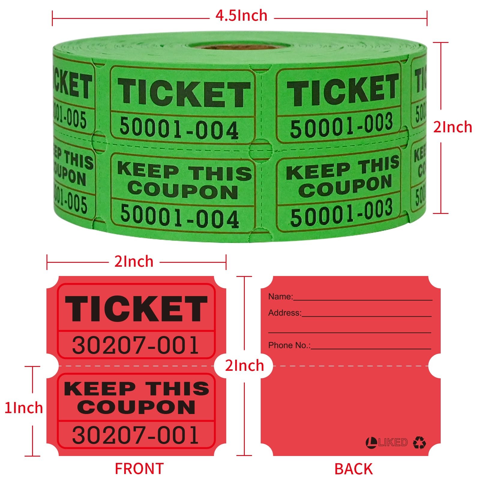 L LIKED 4000Pcs (2000 Pairs) Raffle 4.5″ x x 6″, 2000-red and Green