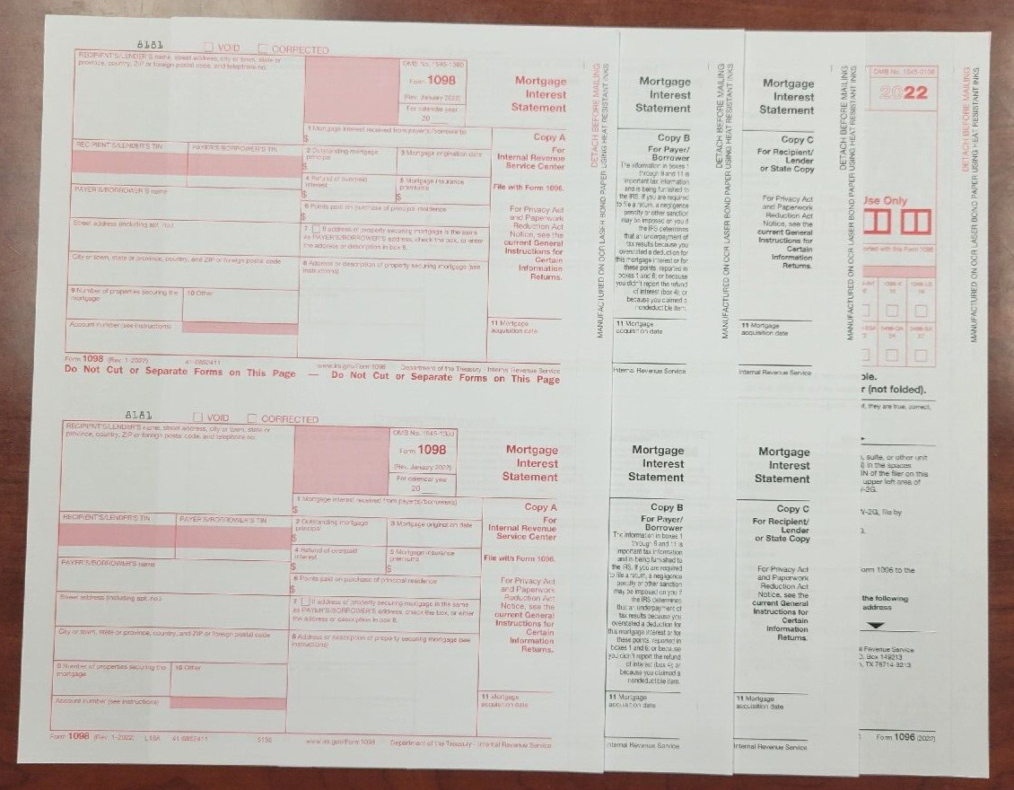 2022 Tax Form 1098 Mortgage Interest 10 Recipients 3 Pt + (1) 1096 – No Envelope