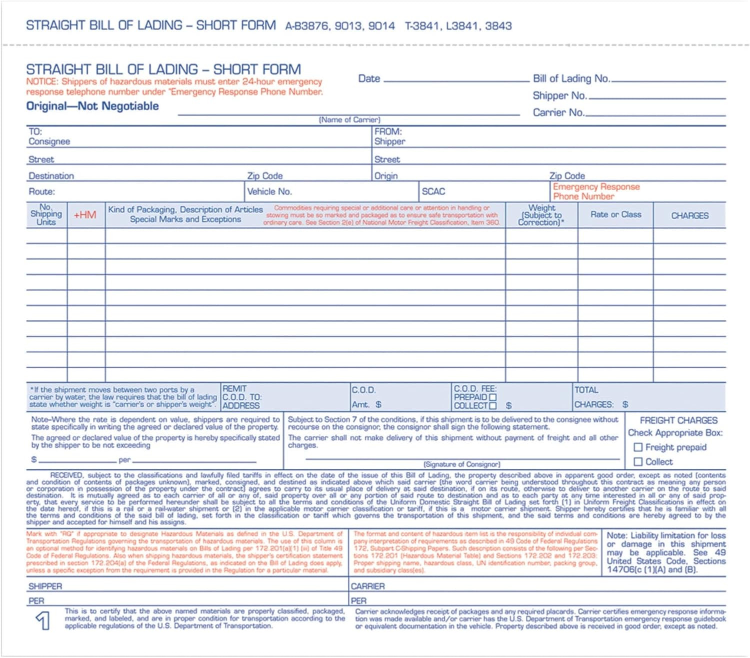 Adams Carbonless Bill of Lading Forms 250 Pack 8.5 x 7.5 Inches White