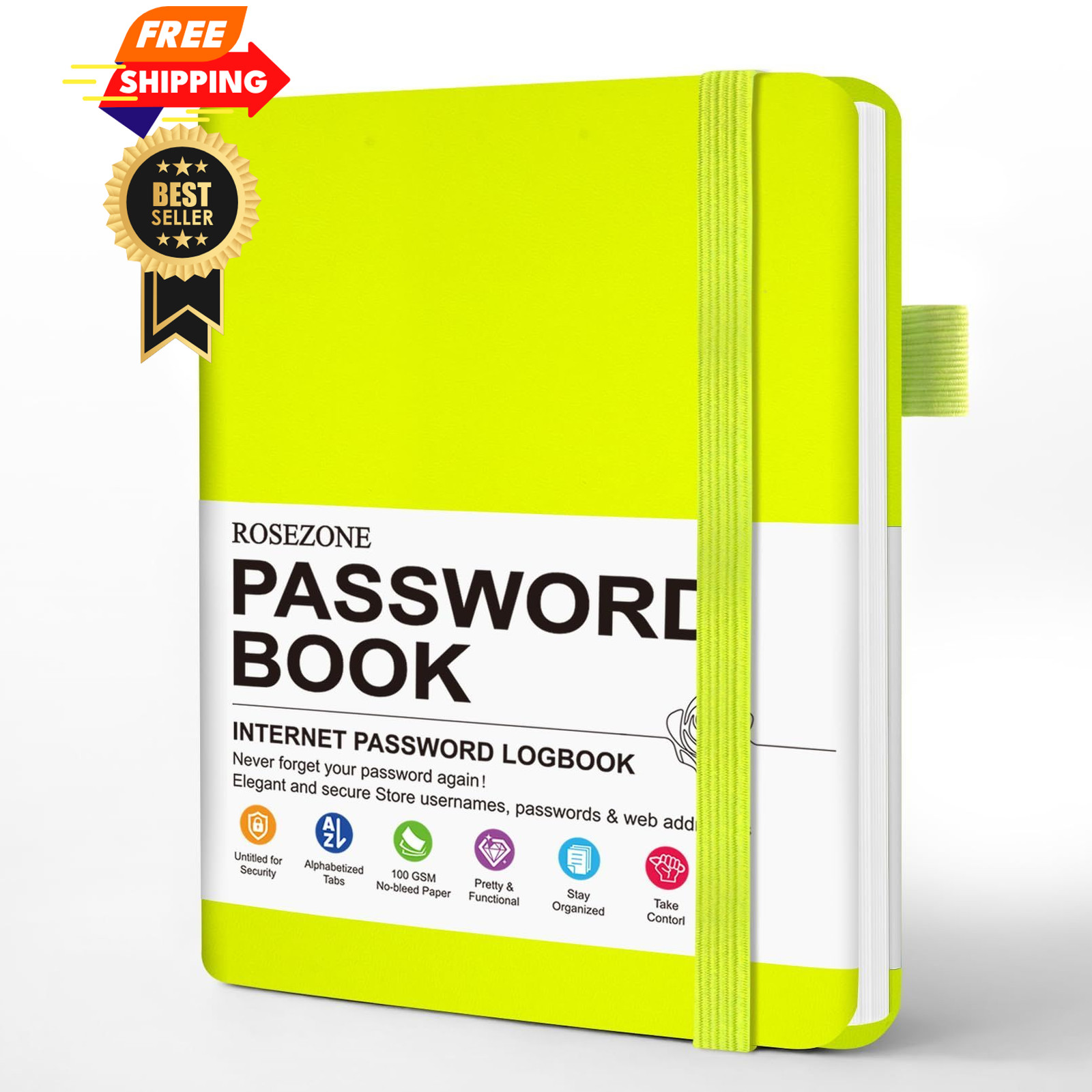 Password Book with Alphabetical tabs. No Inner Pocket, Fluorescent Green