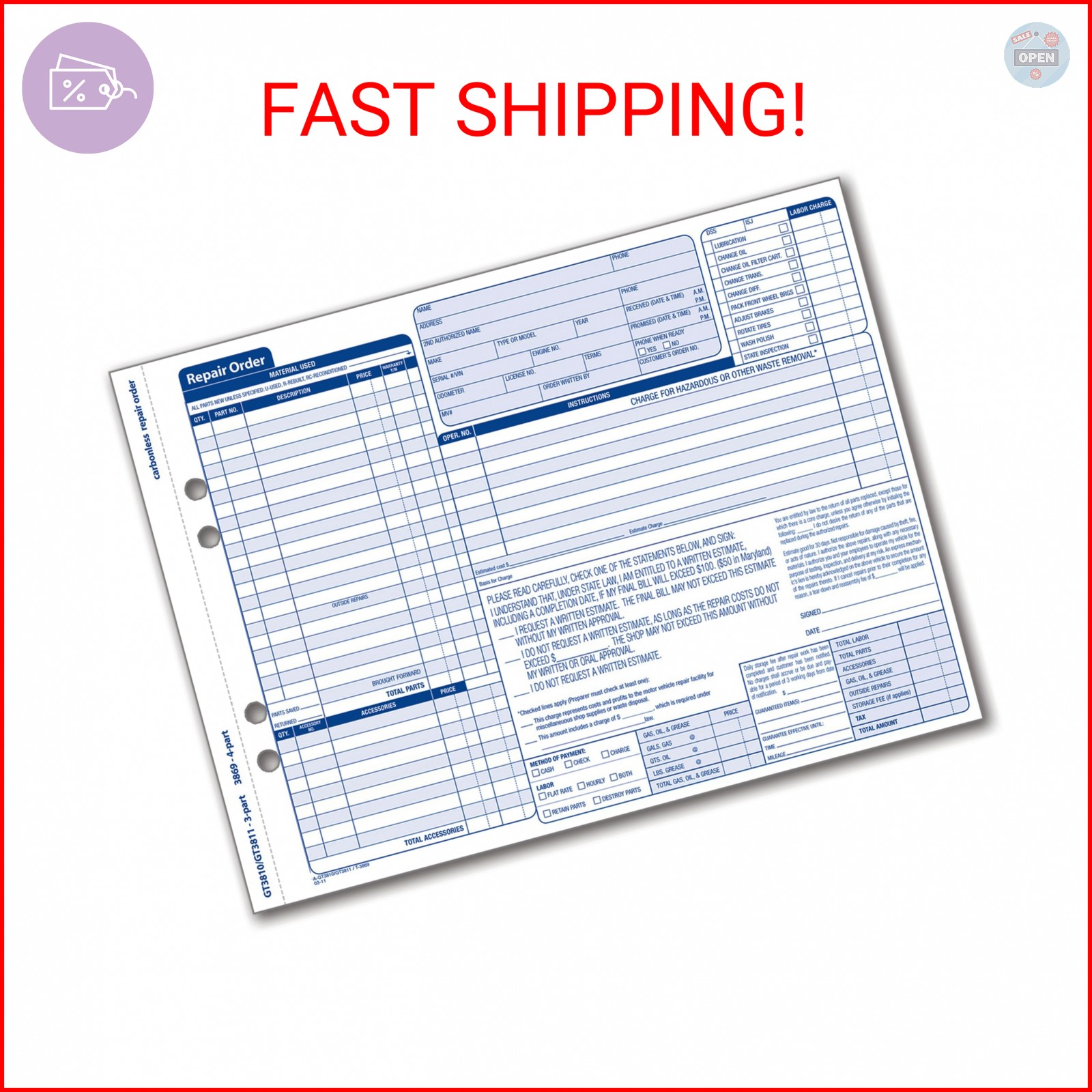 Adams Garage Repair Order Forms, 8.5 x 11.44 Inches, 3 Part, 50 Sets, White and