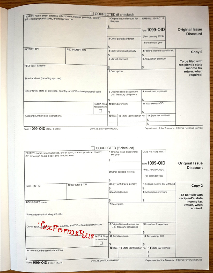 Official IRS Tax Form 1099-OID single sheet set for 2 recipients NON-carbonless