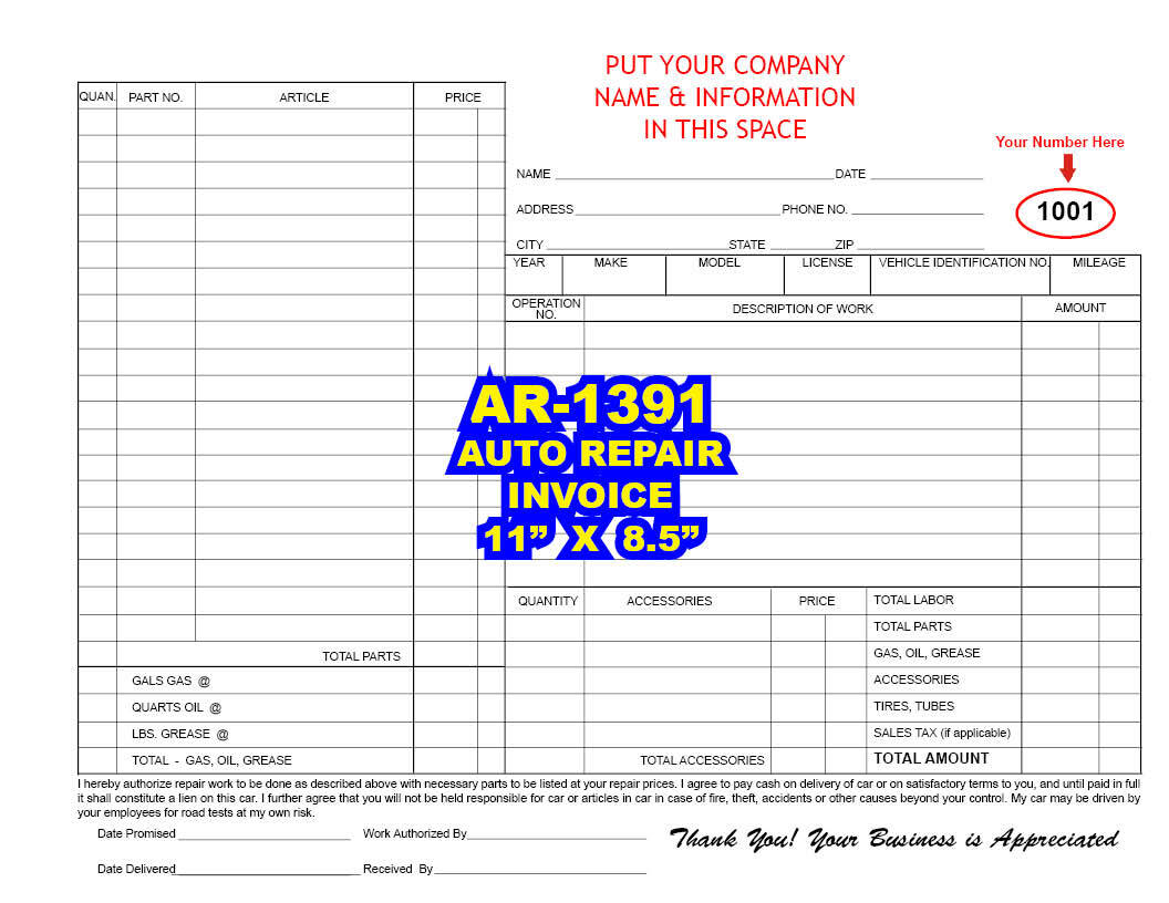 AUTOMOBILE GARAGE REPAIR INVOICE ORDER (Including Florida Repair Orders)