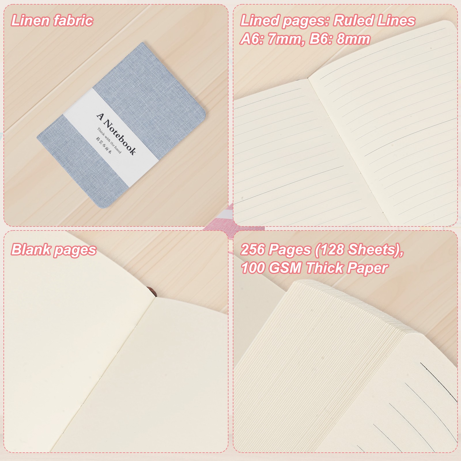 Linen Journal Notebook, 256 Pages 100 Gsm A6（3.9×5.7） Hardcover (Deep Sea Blue)