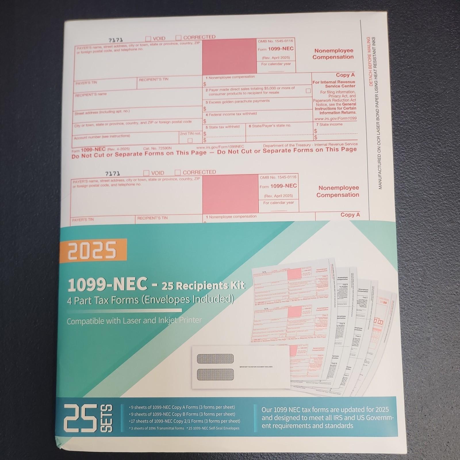1099 NEC Forms 2025 with Envelopes, 25 2025 1099 NEC Tax Forms, 4 Part Kit