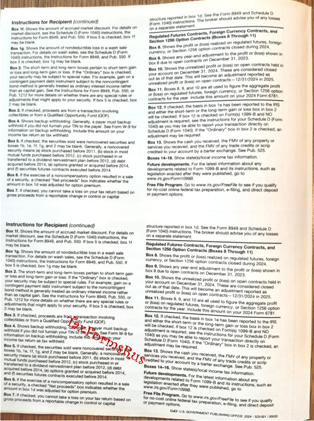 2024 IRS Tax Form 1099-B single sheet set for 2 recipients NONcarbonless 4pt 2up