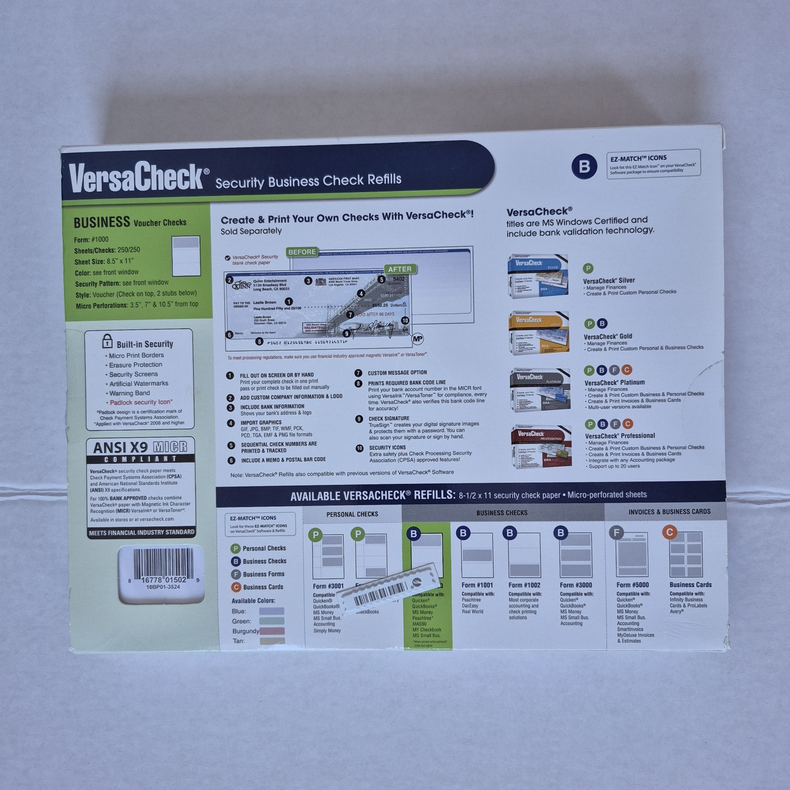 250 ct. Versacheck Security Business Check Refills Form #1000 NEW