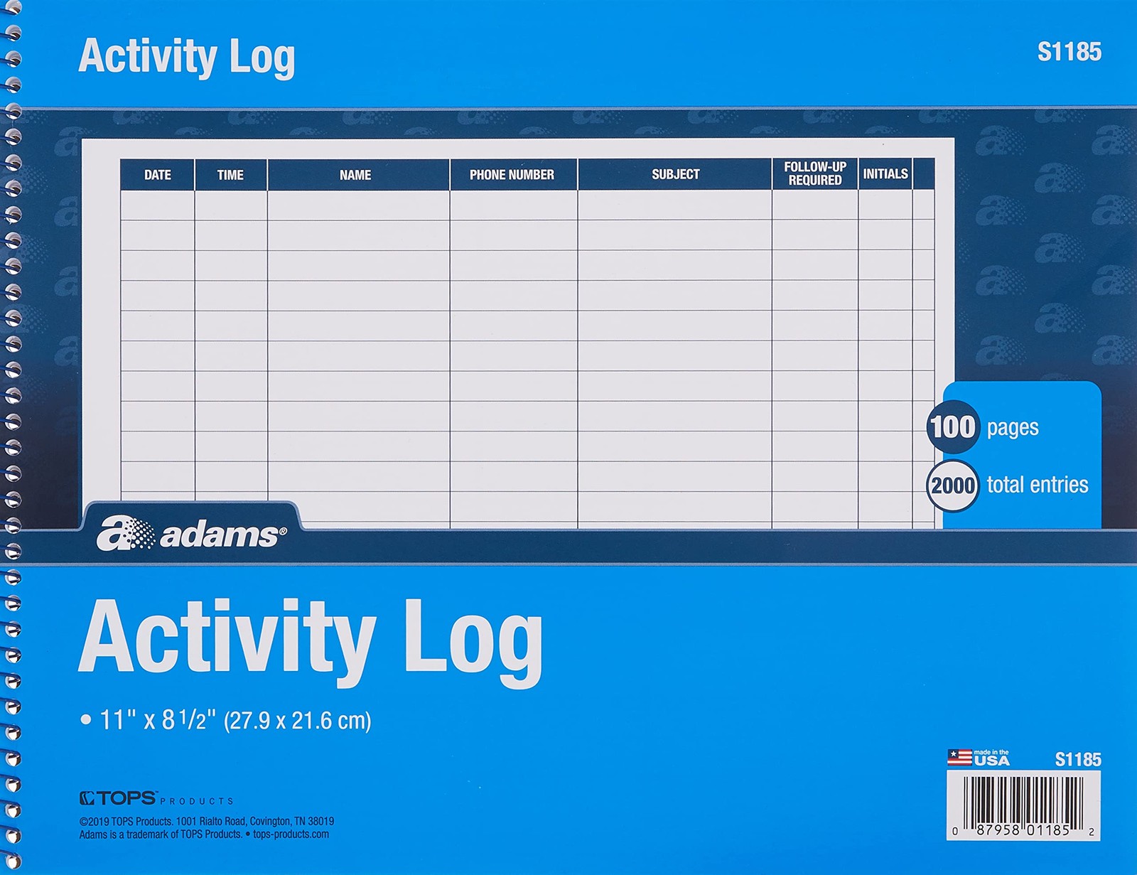 Adams Activity Log Book, Spiral Bound, 8.5 x 11 Inches, (Pack of 1), White
