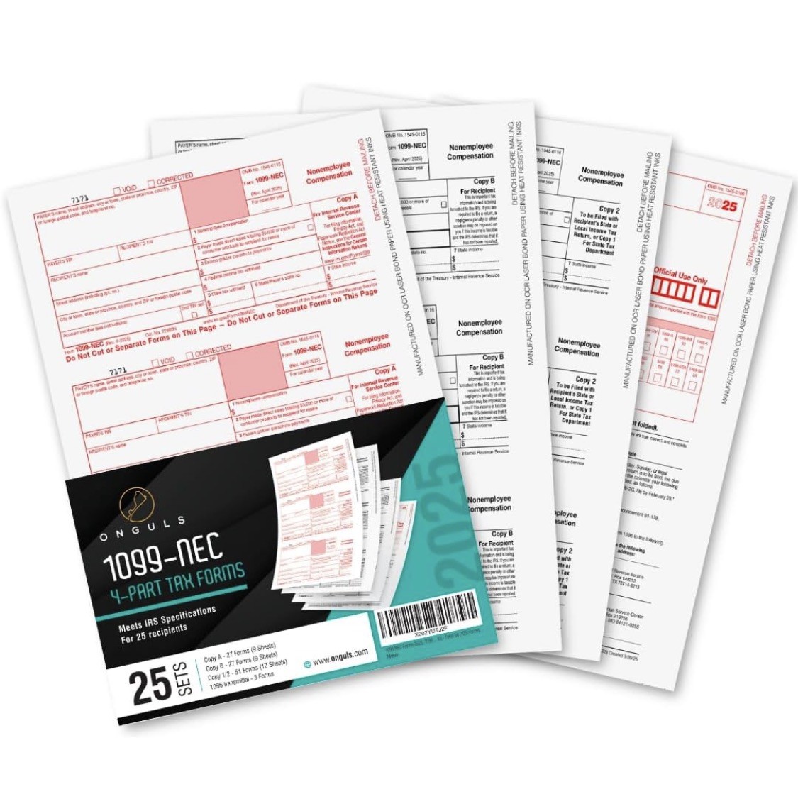 Onguls 1099-Nec 4 Part Tax Forms 25 Pack IRS Approved 2025 NO ENVELOPES