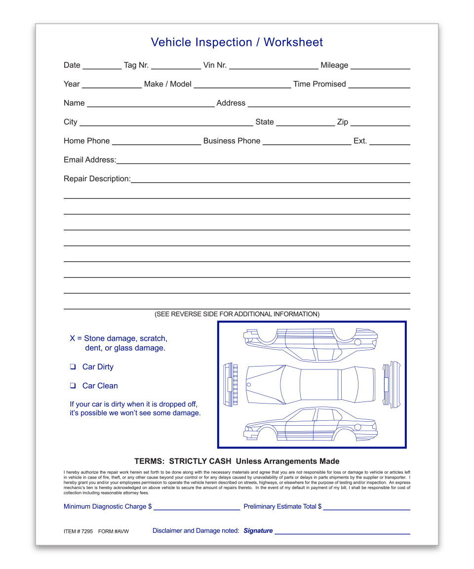 VEHICLE INSPECTION WORKSHEET FORM #AVW CAR DAMAGE REPORT 1 PAD OF 100 SHEETS