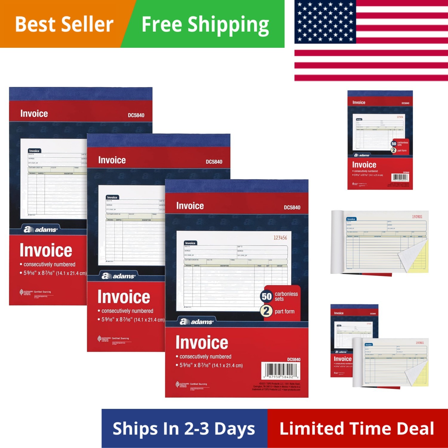Invoice Book 3 Pack, 2 Part Carbonless Invoices, Horizontal Sales Slip, 5-9/1…