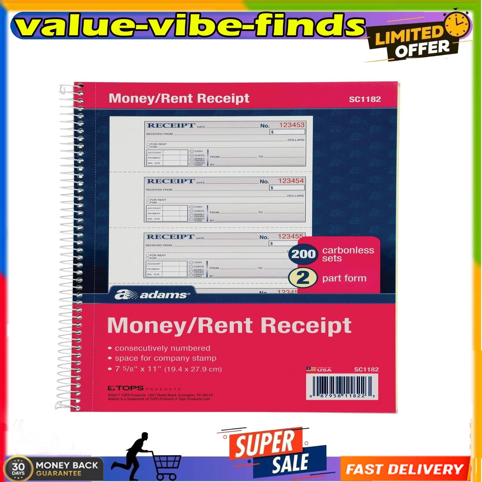 Money and Rent Receipt Book, 2-Part Carbonless, 7-5/8″ x 11″, Spiral Bound, 200