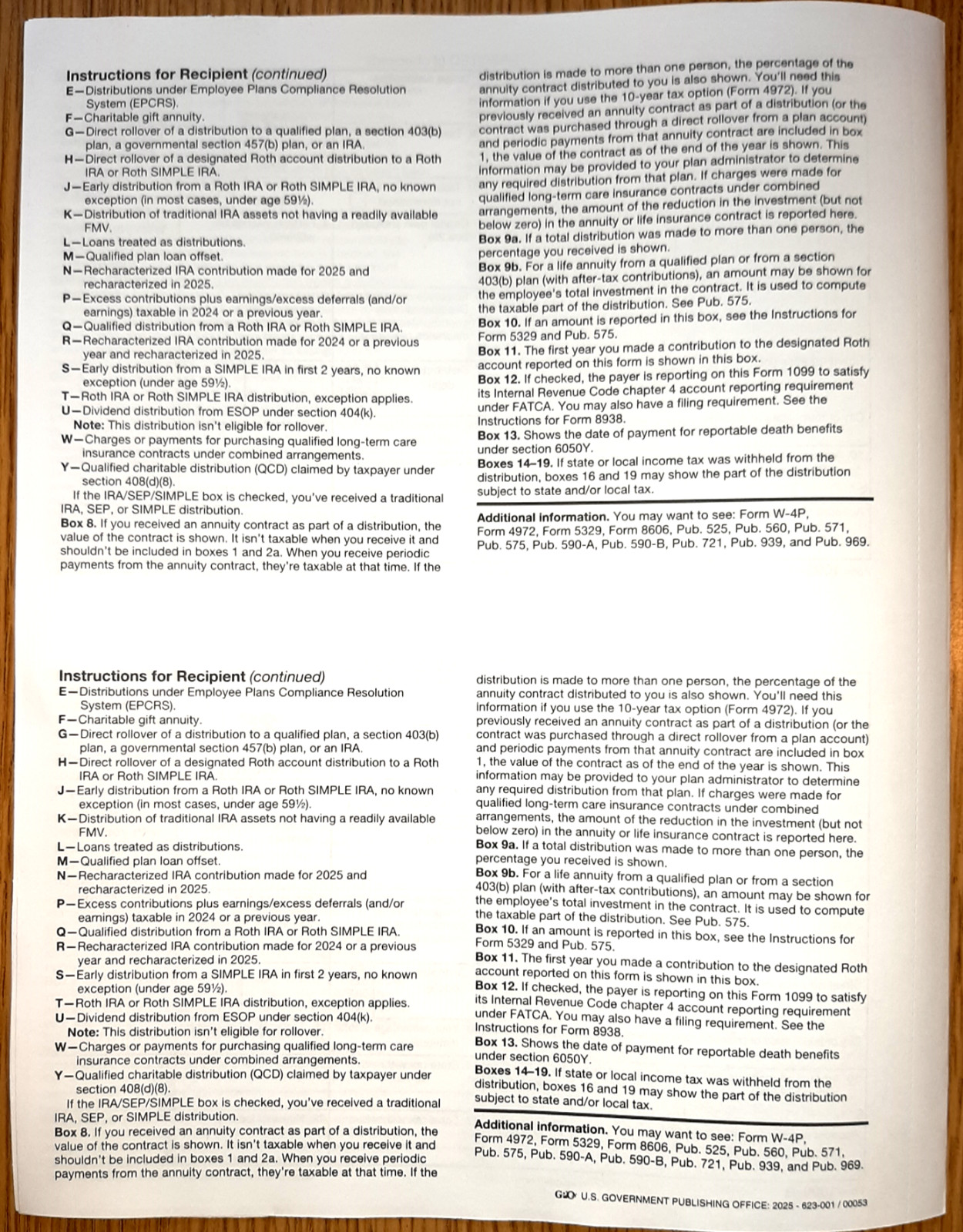 2025 IRS Tax Form 1099-R single sheet set for 2 recipients NONcarbonless 5pt 2up