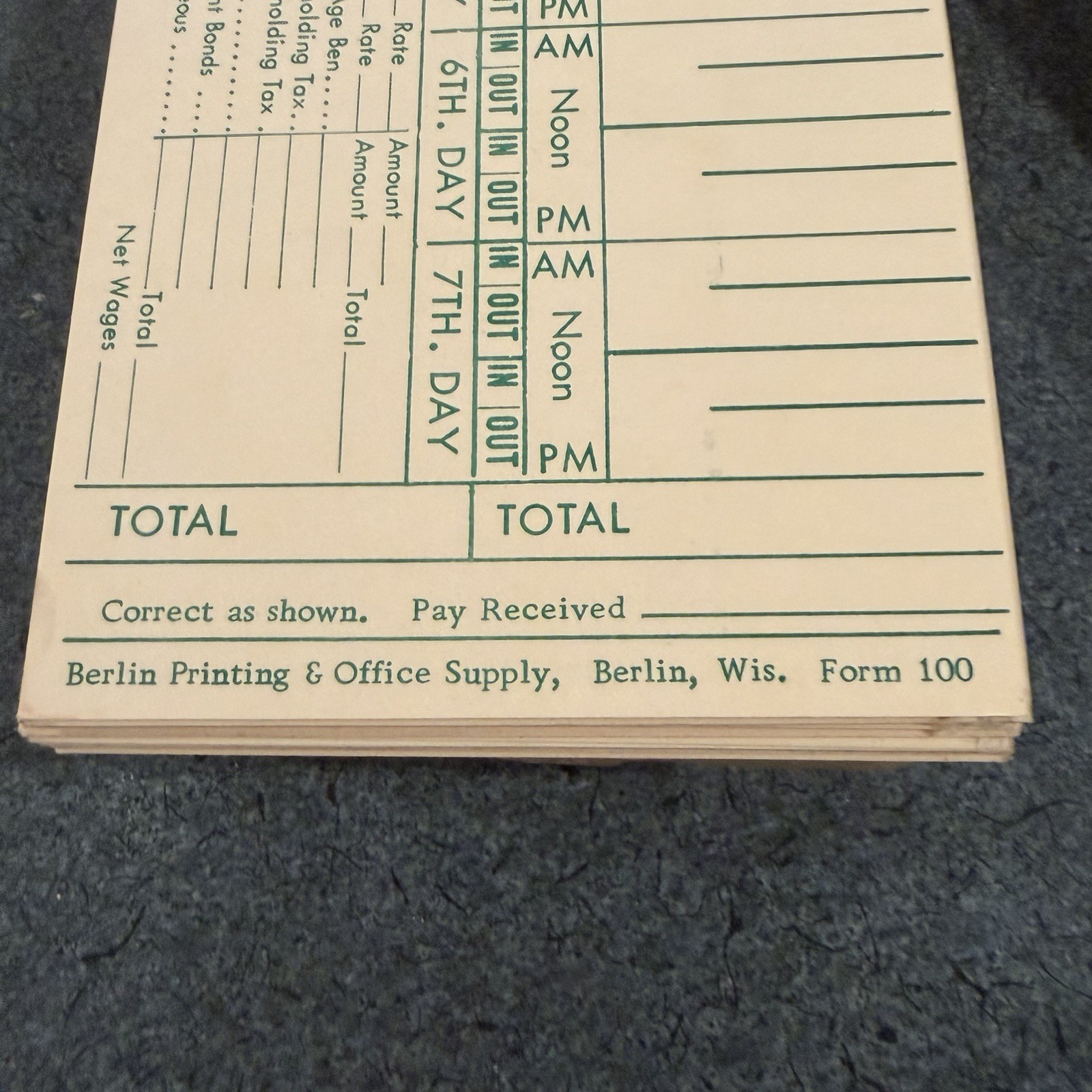 50 Vintage Time Cards Measure 9 1/8” X 3.5” Manilla Yellow With Green Print Lot