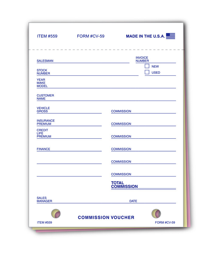 COMMISSION SALE VOUCHER SNAP A PART CARBONLESS 3 PART FORM 59 CAR LOT DEALERSHIP