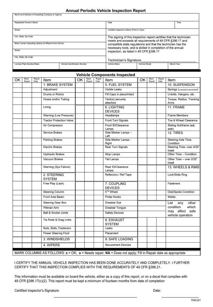 Annual Periodic Vehicle Inspection Report / 8.5 x 11 / 2 or 3 Part / TMG167