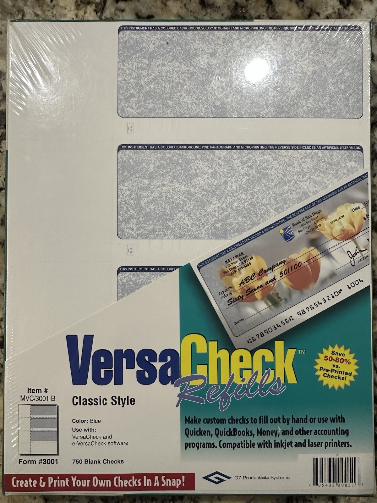 VERSACHECK BLANK Business CHECK REFILLS-FORM 3000 250 Sheets 750 Checks-Blue